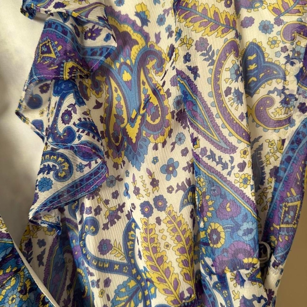 Lauren Ralph Lauren Paisley 100% Silk Wrap Dress White Purple Blue Yellow - Picture 7 of 8